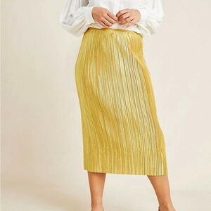 Anthropologie Metallic Yellow Pleated Midi Skirt